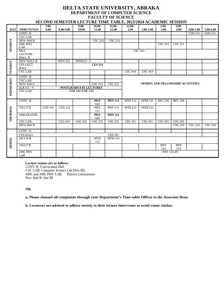 Computer Science Second Semester Lecture Time Table 2023-2024 | PDF