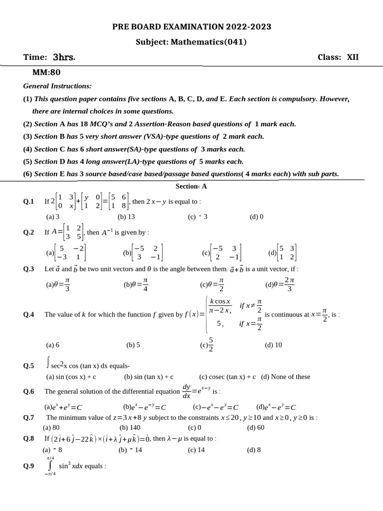 CLASS XII PRE BOARD SET-3 EXAM 2023 -24 maths(041) (Manish Mishra ...