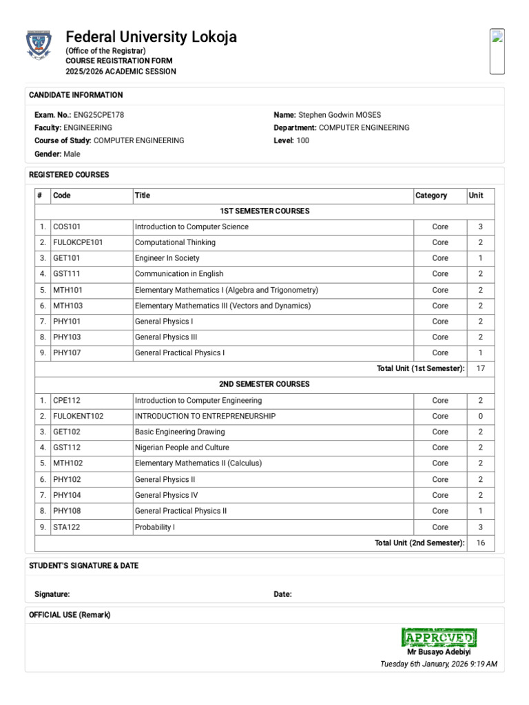 Course Registration Form - FUL | PDF | Mathematics