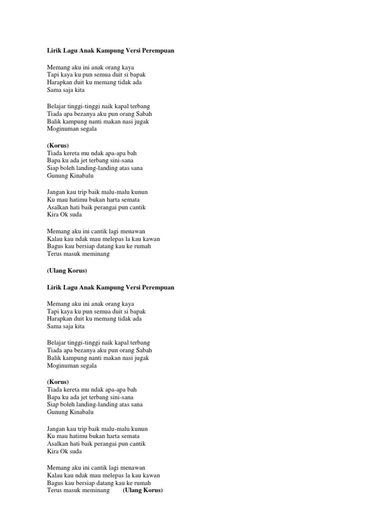 Lirik Lagu Anak Kampung Versi Perempuan Pdf