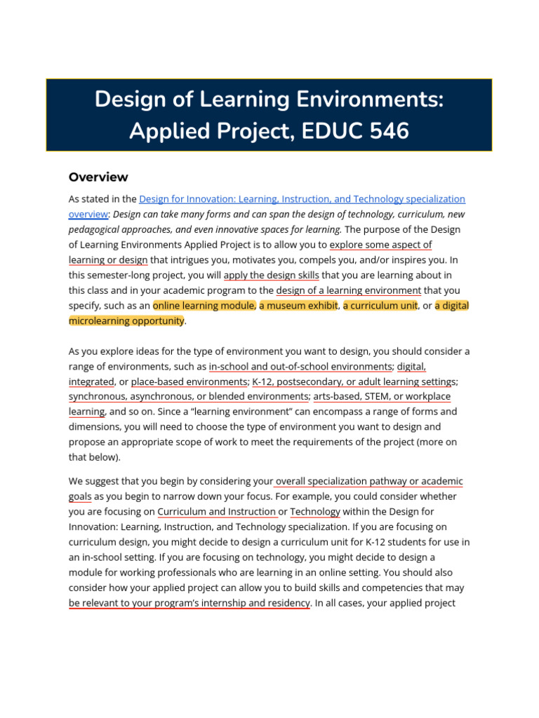 Design of Learning Environments Applied Project - F25 | PDF | Learning ...