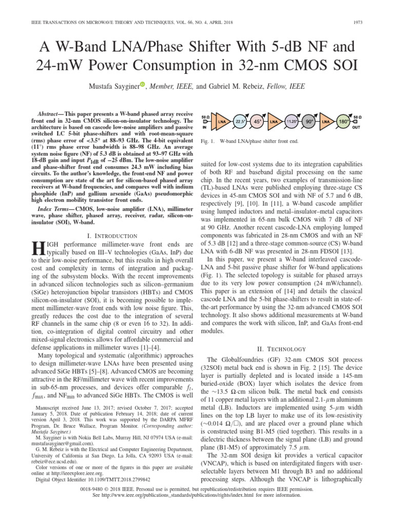 A W-Band LNA Phase Shifter With 5-DB NF and 24-MW Power Consumption in ...