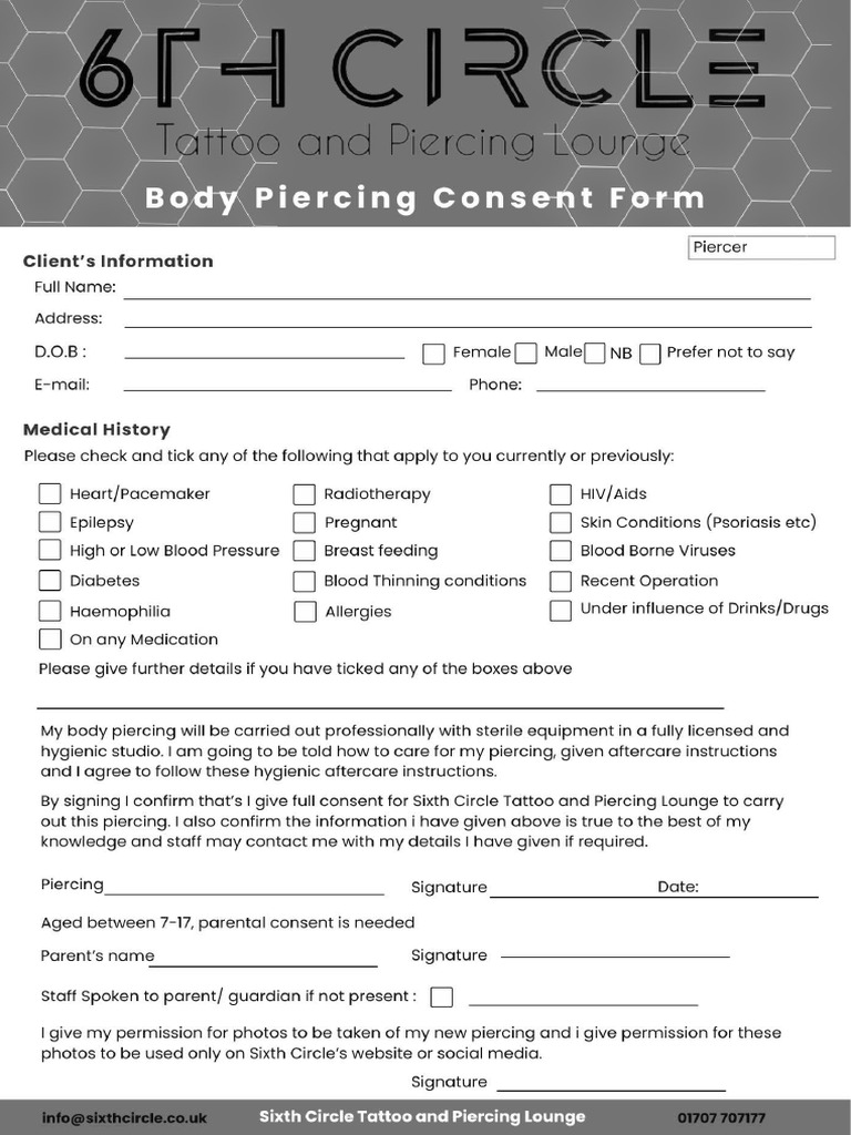 Body Piercing Consent Form Print | PDF