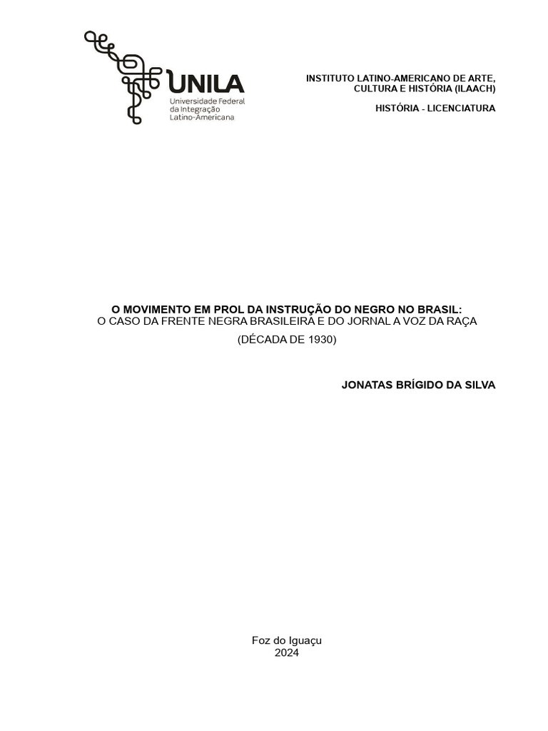 O Movimento em Prol Da Instrução Do Negro No Brasil - o Caso Da Frente ...