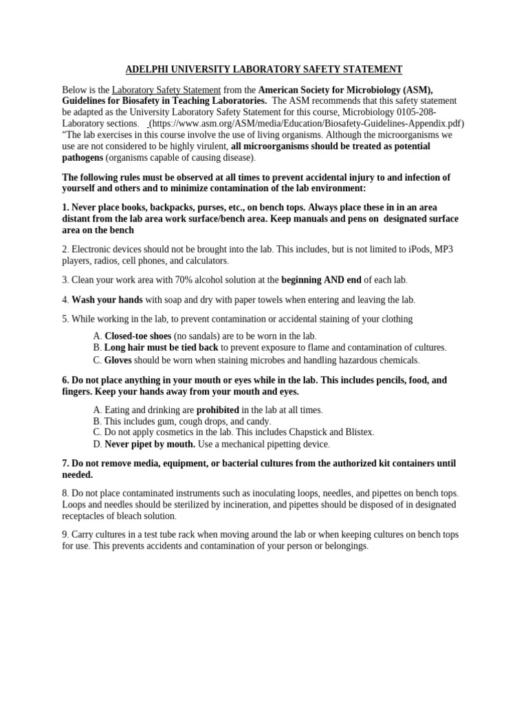 Adelphi University Laboratory Safety Statement (KB) | PDF ...