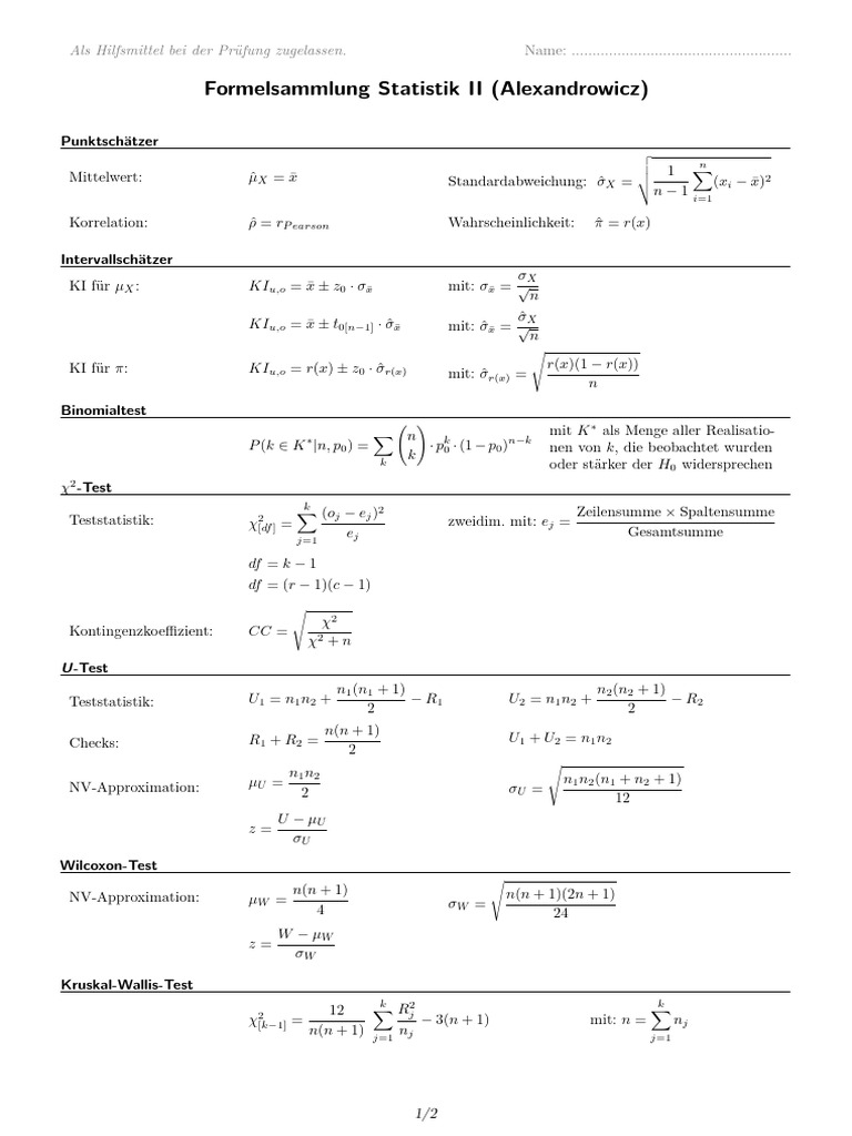Formelsammlung Stat II | PDF