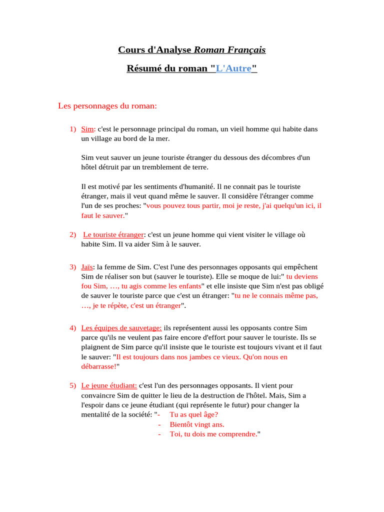 Nouveau Résumé Du Roman L'autre | PDF