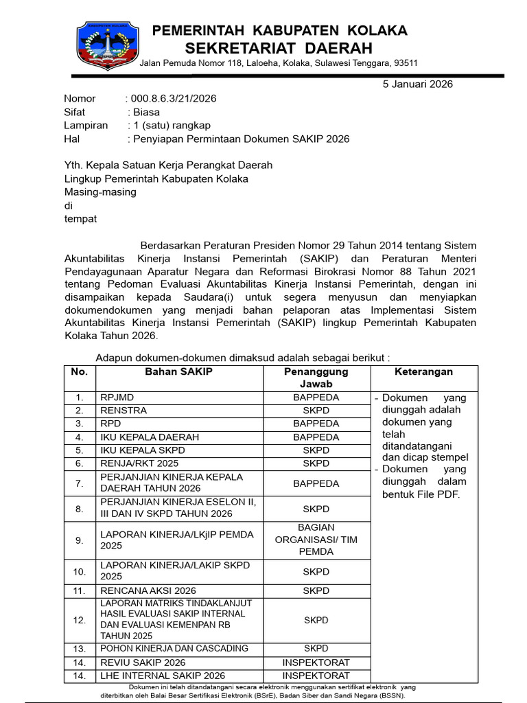 Permintaan Dokumen SAKIP SKPD 2026 | PDF