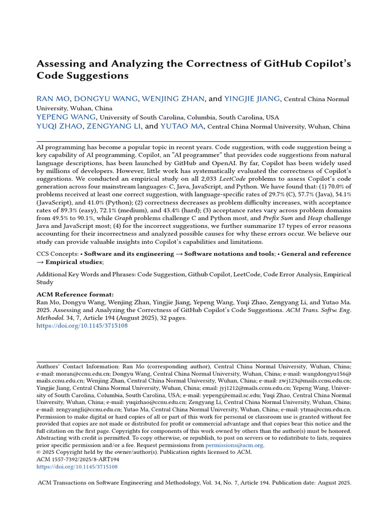 Assessing and Analyzing the Correctness of GitHub Copilot’s | PDF ...