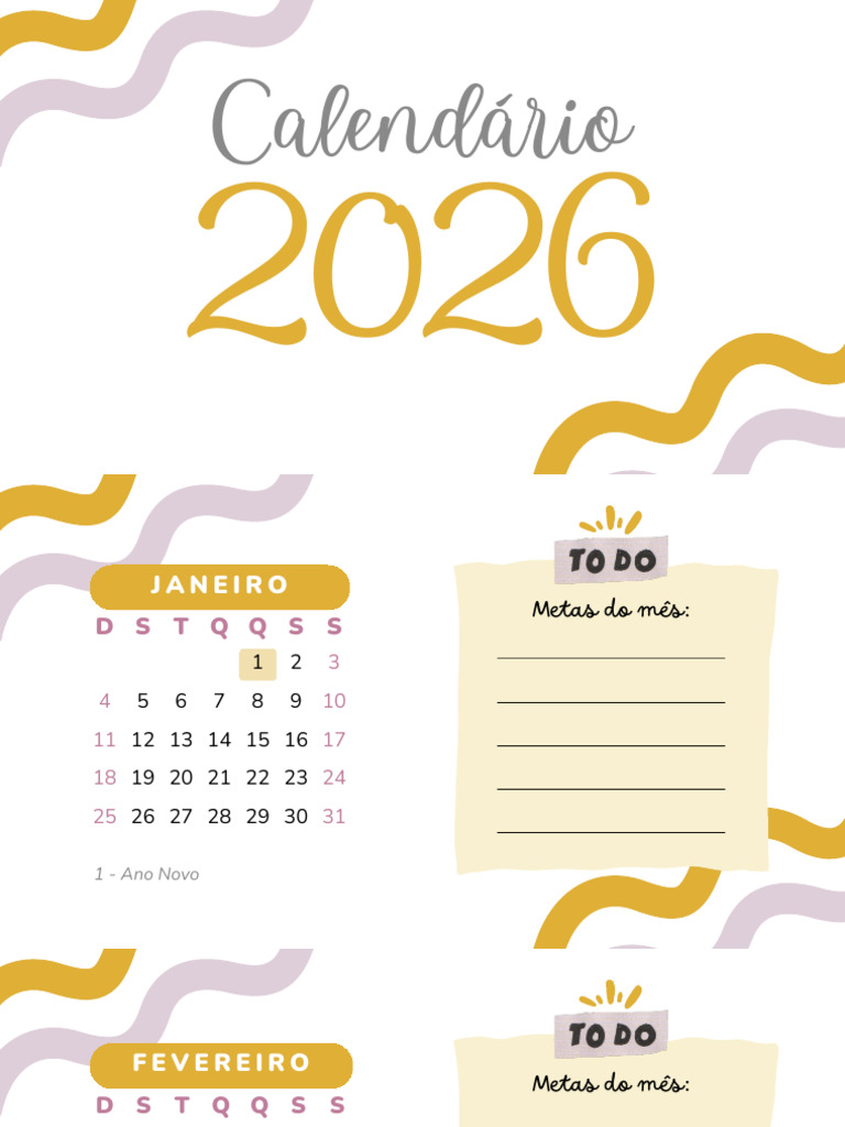 Calendário 2026 Mensal Moderno Amarelo e Branco | PDF