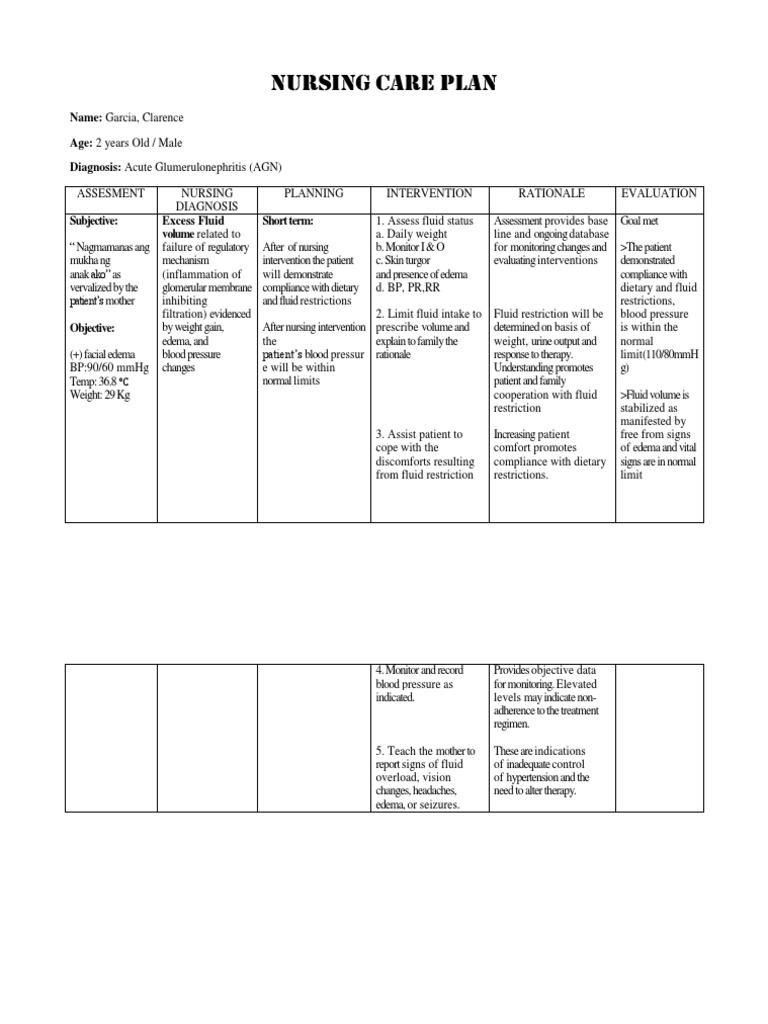 Acute Glomerulonephritis Care Plan | PDF | Blood Pressure | Hypertension