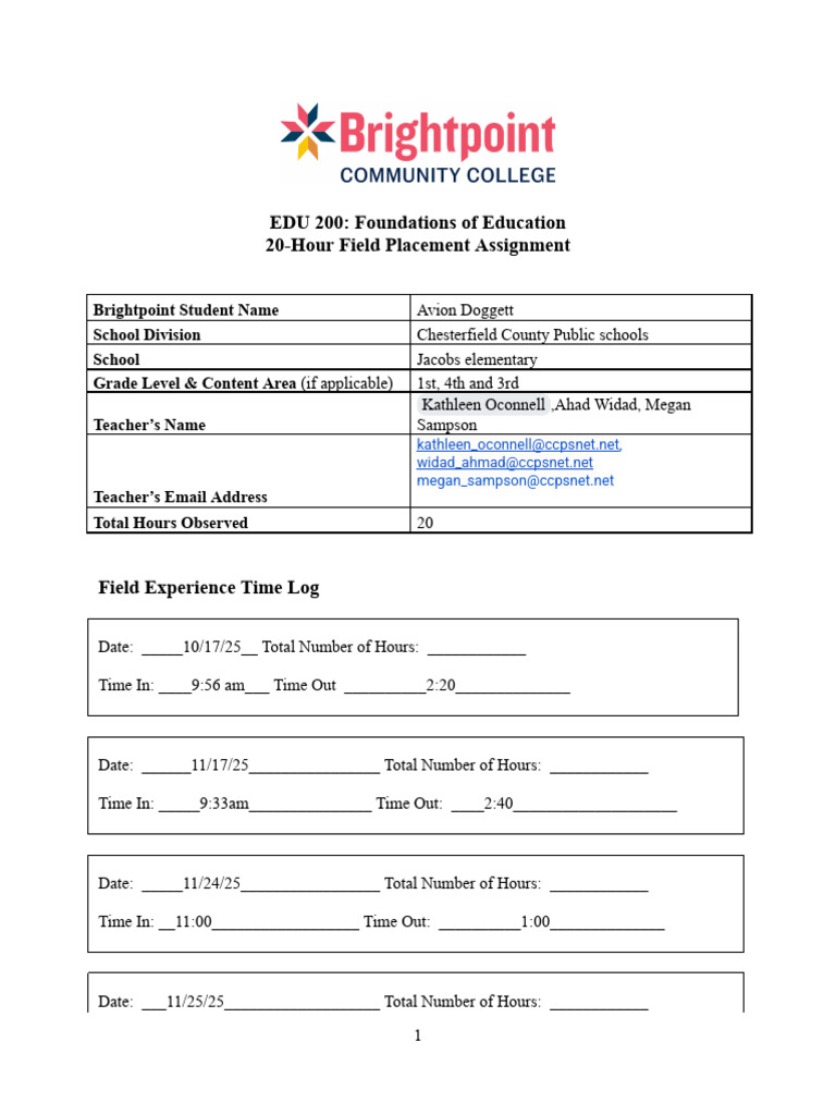 EDU 200 Field Placement Assignment Template | PDF | Phonics | Behavior ...