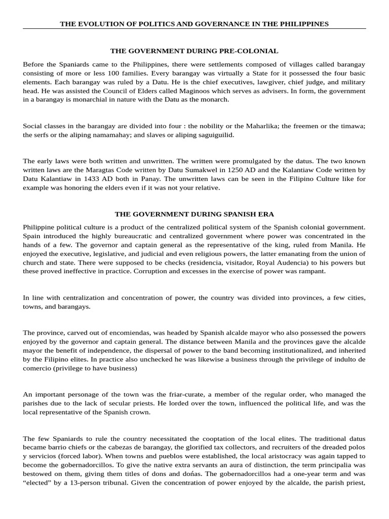 The Evolution of Politics and Governance in The Philippines | PDF ...