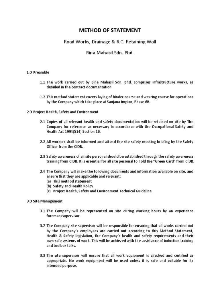 Road Works & Drainage Method Statement | PDF | Asphalt | Road Surface