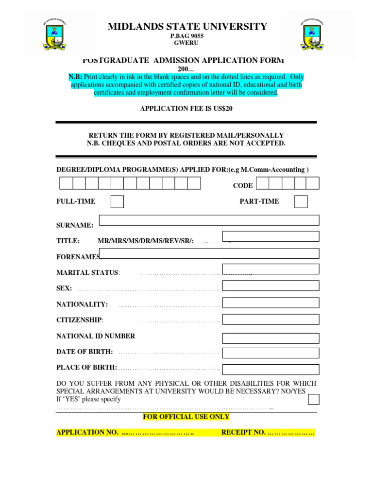 MSU Postgraduate Admission Form | PDF | Thesis | Academic Degree