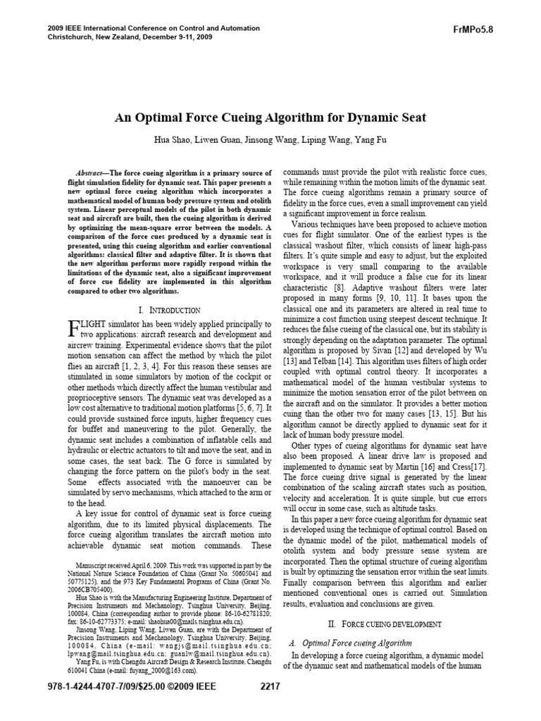 An Optimal Force Cueing Algorithm For Dynamic Seat | PDF | Applied ...