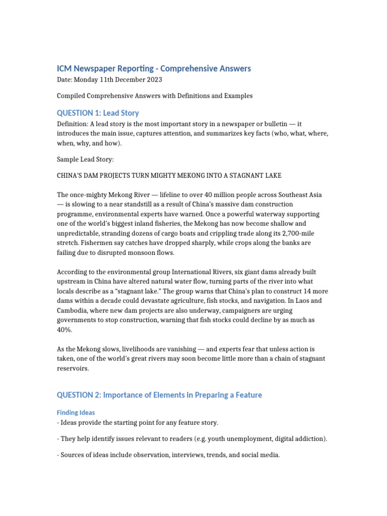 ICM Newspaper Reporting Comprehensive Answers | PDF | Mekong | Human ...