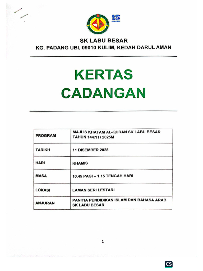 Kertas Cadangan Majlis Khatam Al-Quran SKLB 2025 | PDF