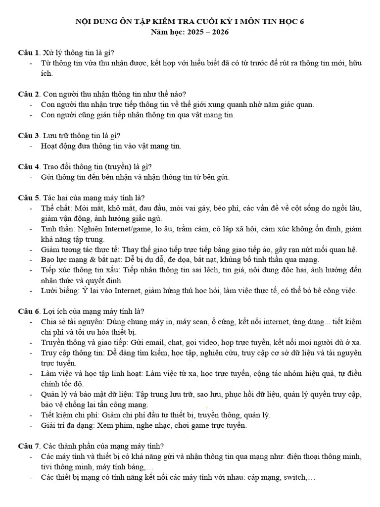Tin 6 - Noi Dung On Tap Kiem Tra Cuoi Ky I | PDF