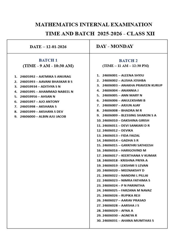 Maths Internal Exam Schedule | PDF