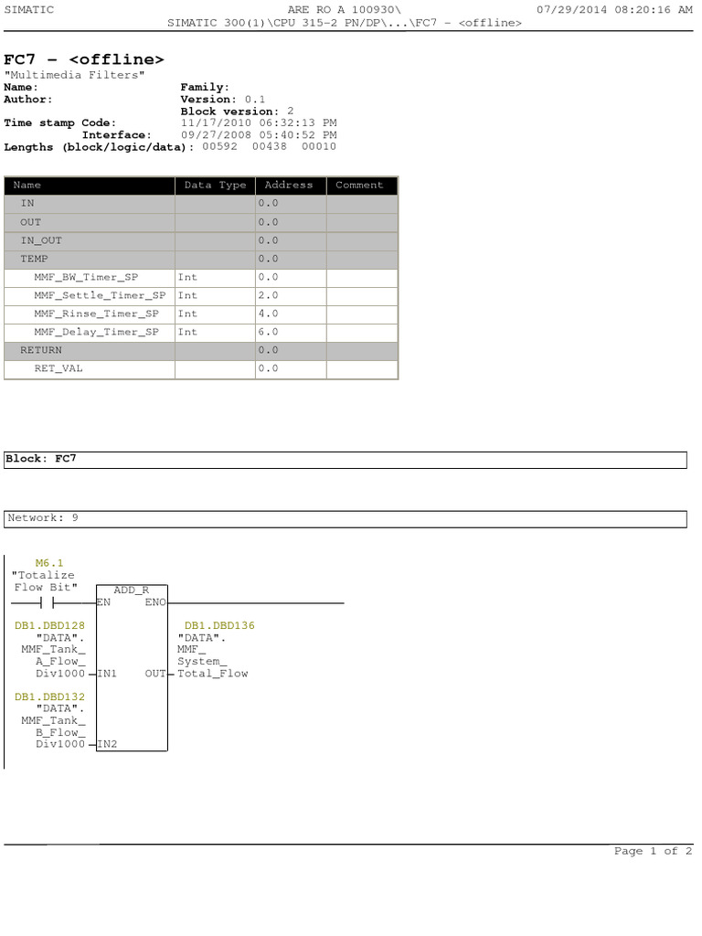 FC7 - : Name: Family: Author: Block Version: Time Stamp Code: Interface ...