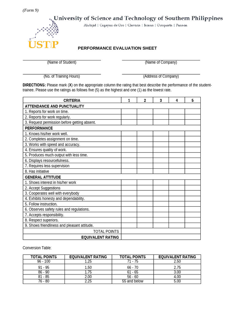 Form 9 Performance Evaluation Form USTP Template | PDF
