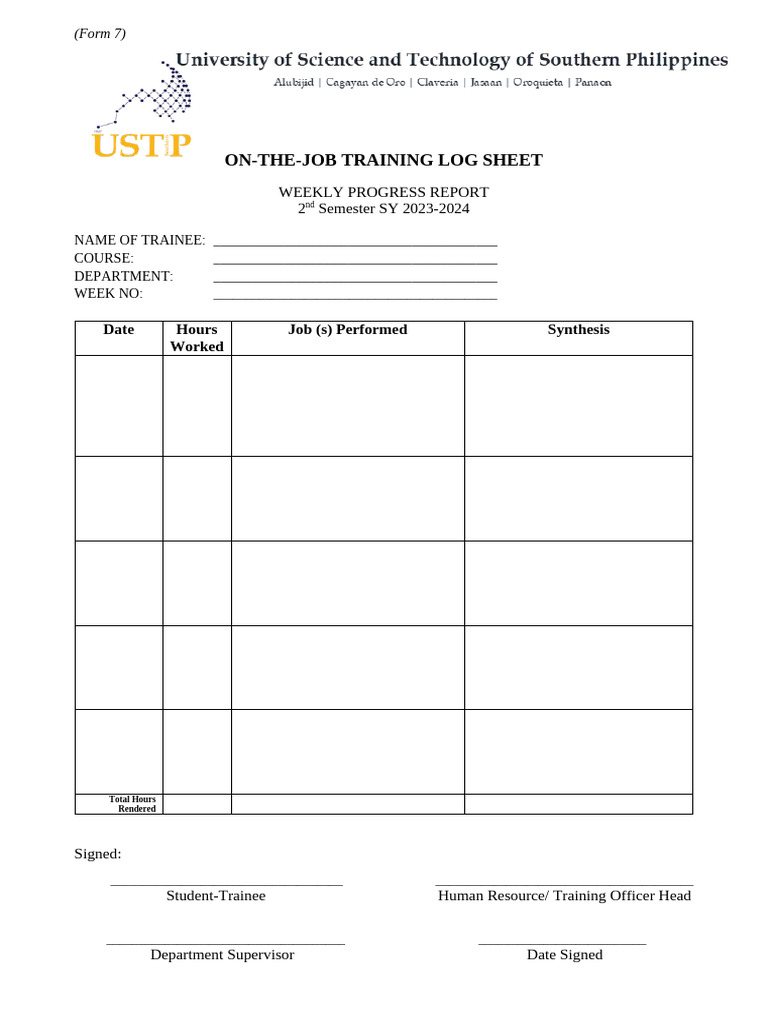 Form 7 Weekly Logsheets USTP Template | PDF