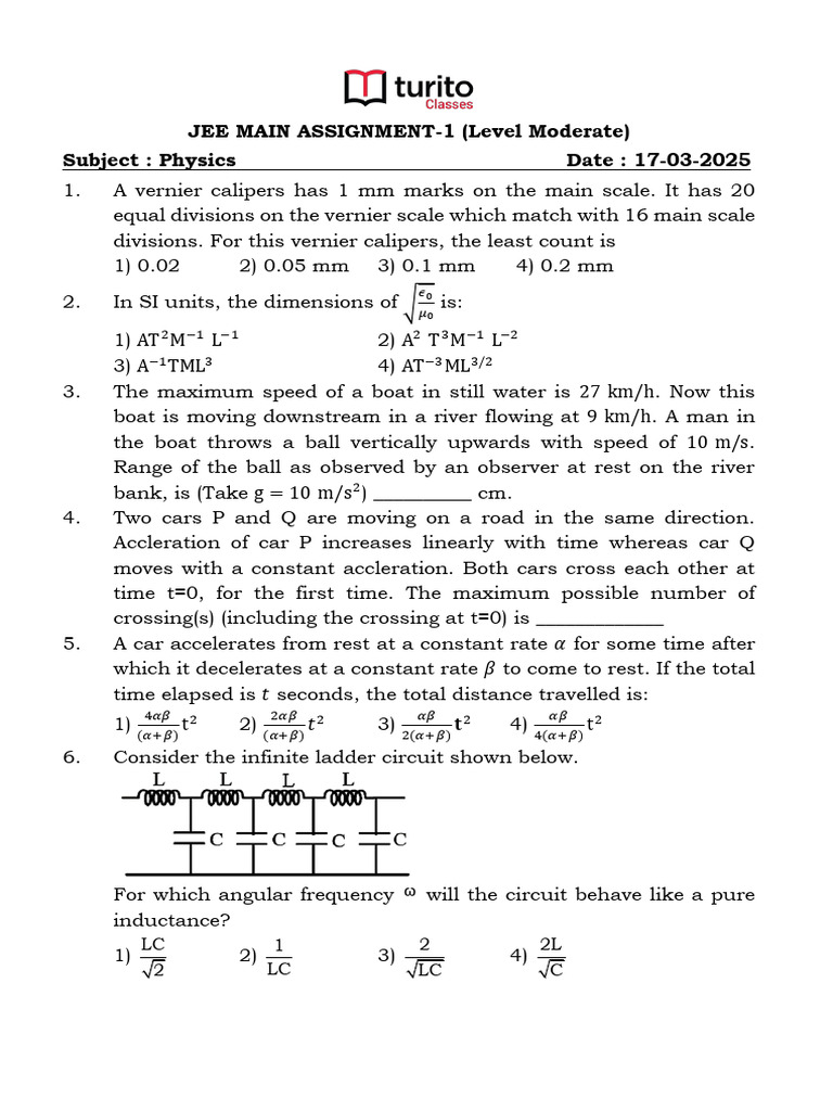Physics - JEE MAIN ASSIGNMENT-1 | PDF | Rotation | Mechanics