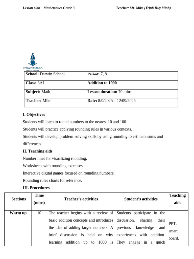LP G3 L4 Addition To 1000 | PDF | Teachers | Lesson Plan