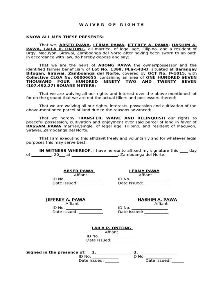 Original Waiver of Rights (ABONG PAWA) | PDF | Affidavit | Legal Procedure