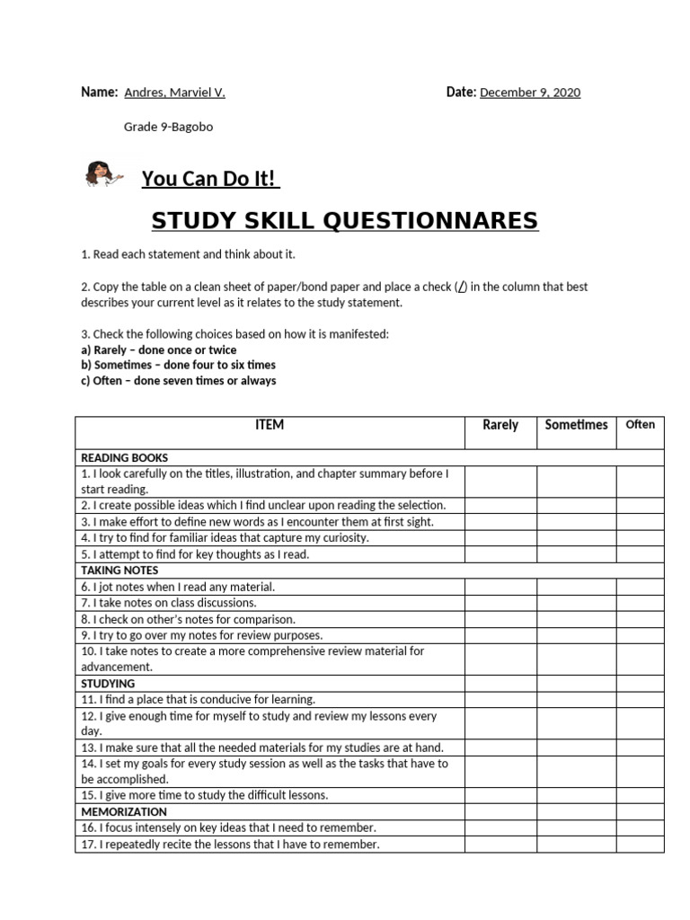 Study Habits Assessment | PDF | Learning | Mental Processes