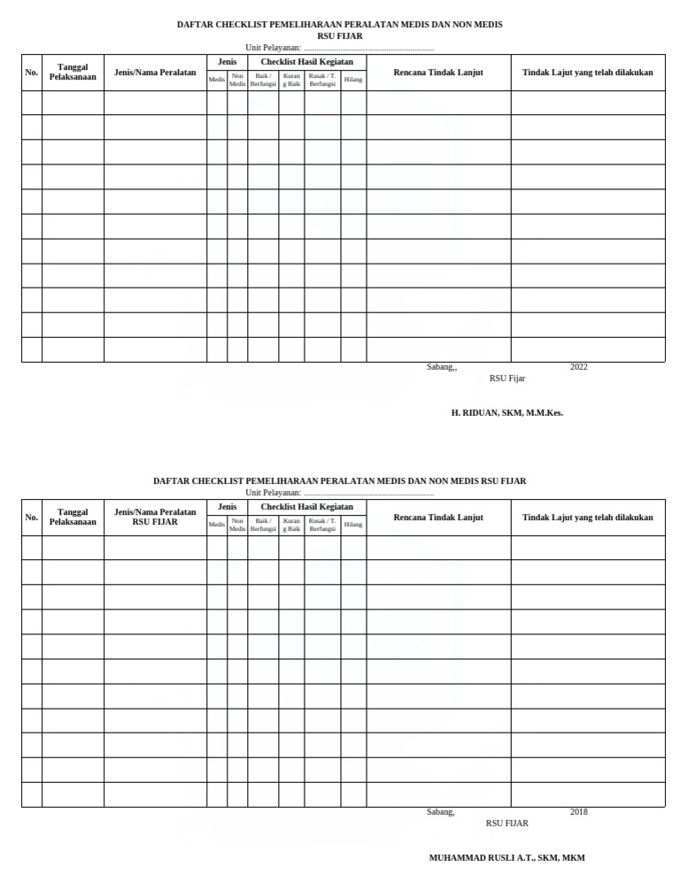 MFK.4.Ep.1.b Checklist Pemeliharaan Peralatan Medis Dan Non Medis RSU ...