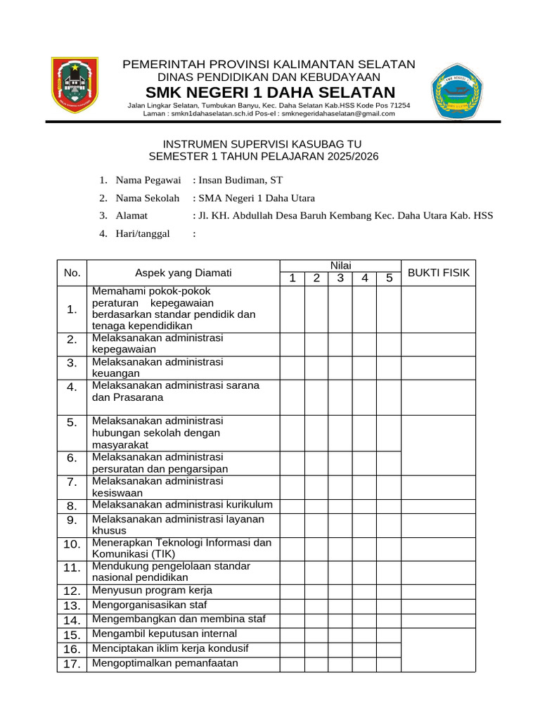 Instrumen Supervisi Tenaga Kependidikan SMKN 1 DASEL - Edit | PDF