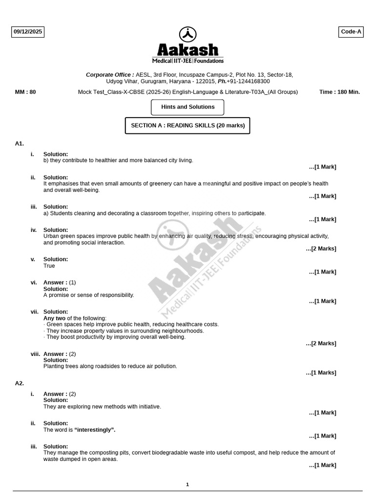 CBSE Mock Test-3A - All Groups (Class-10) - English (Lang & Lit) (09!12 ...