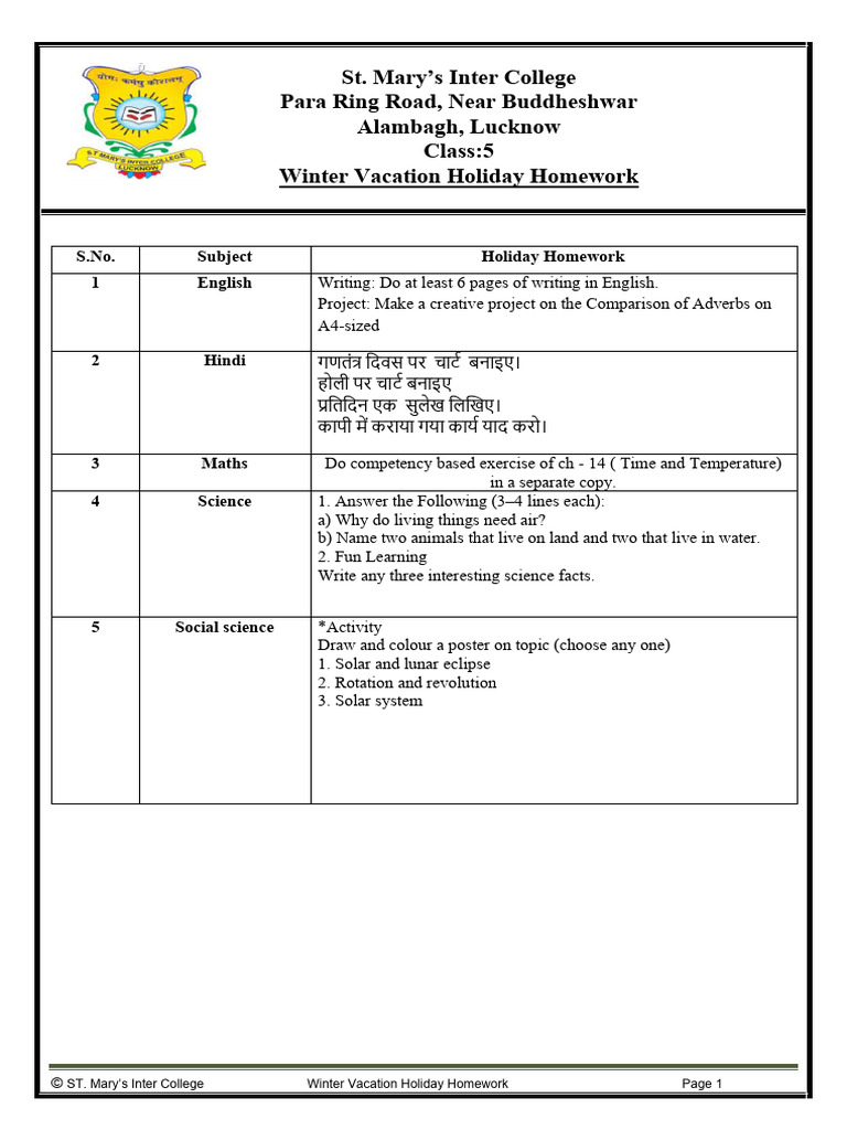 Winter Holiday Homework Class 5 | PDF