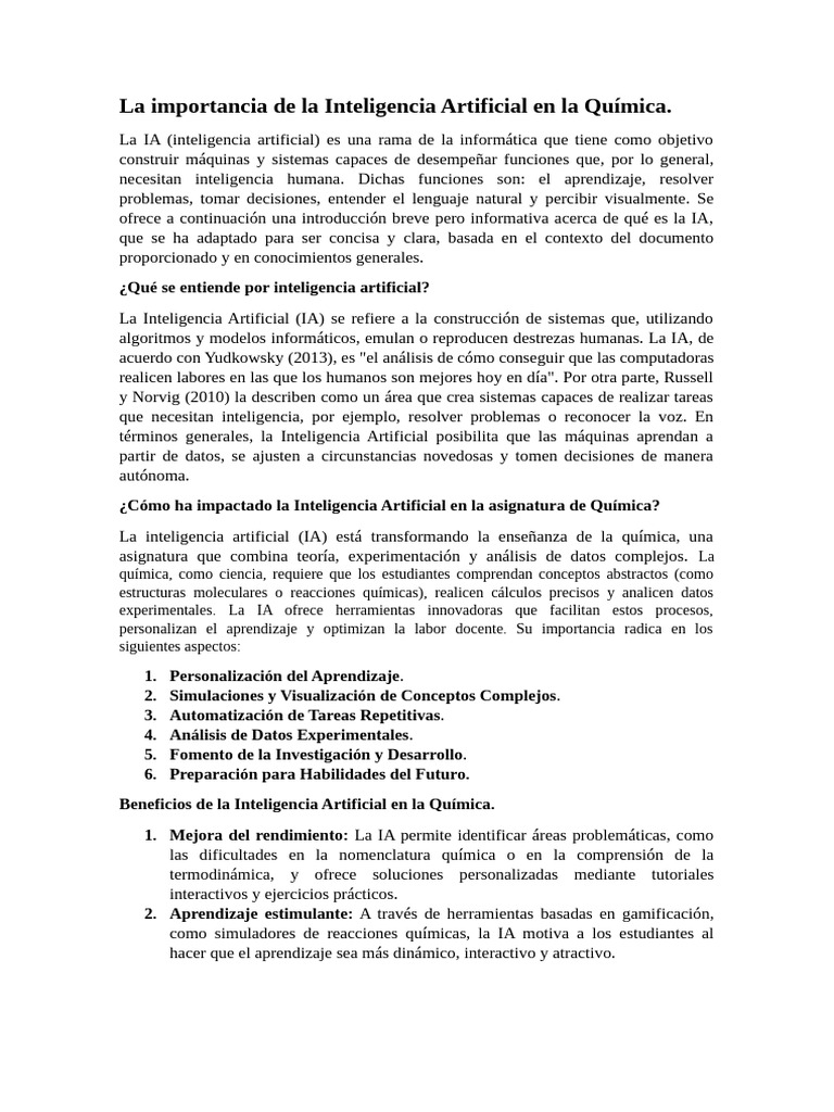 La Importancia de La Inteligencia Artificial en La Química | PDF ...