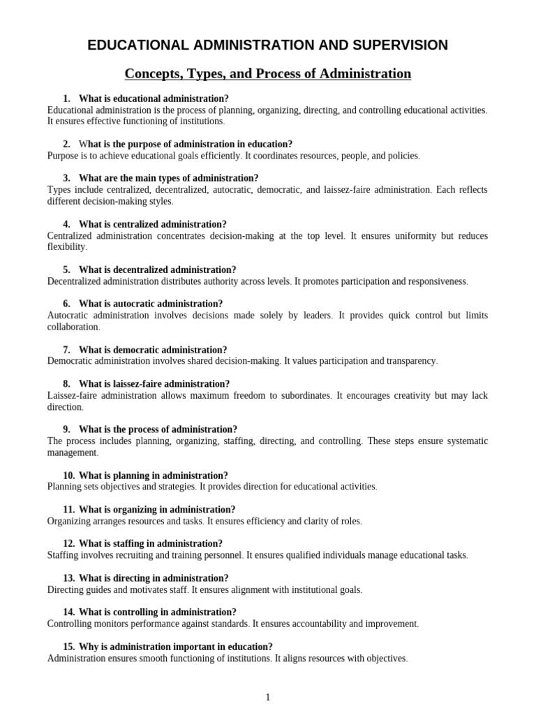 Educational Administration and Supervision Notes | PDF | Leadership ...