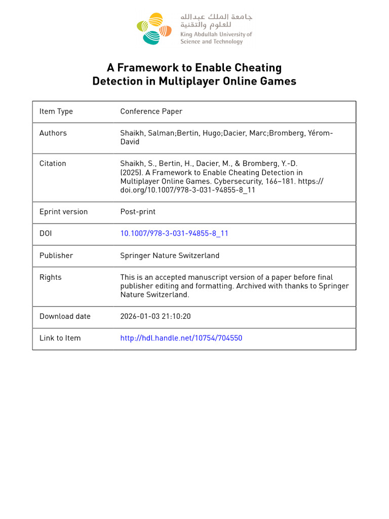 A Framework To Enable Cheating Detection in Multiplayer Online Games ...