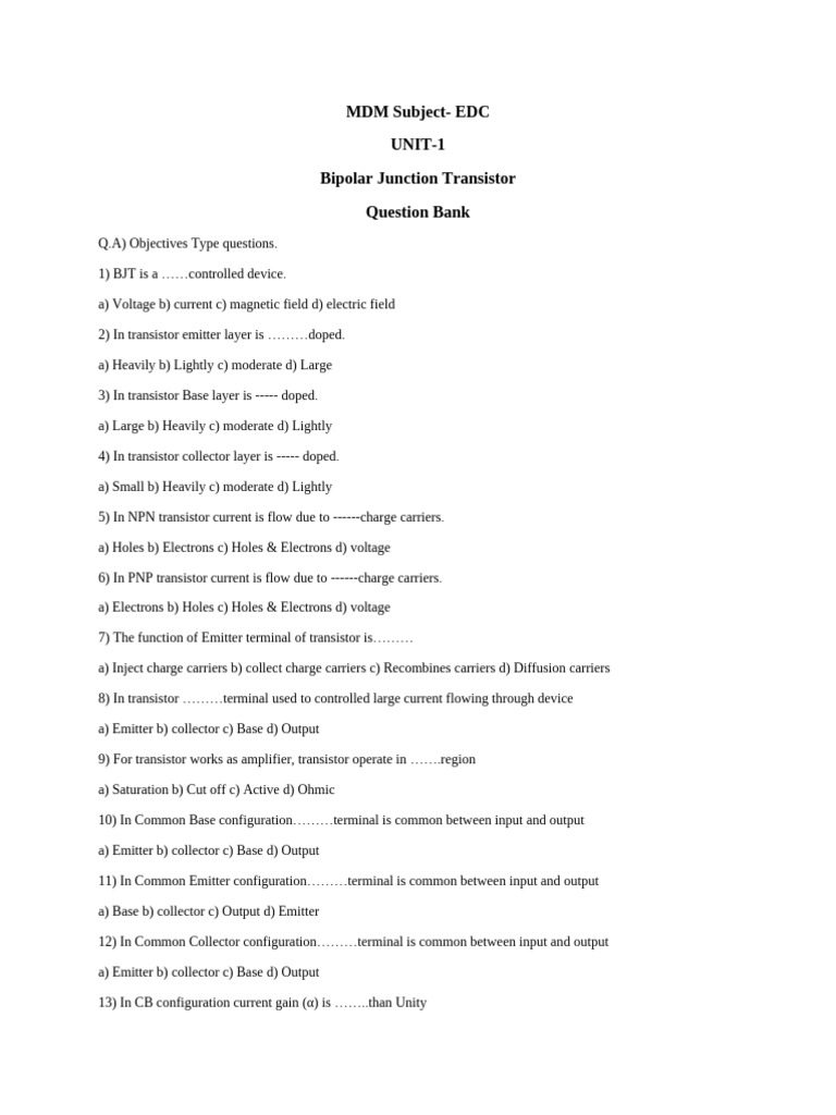 MDM Subject Edc QB Unit-1 | PDF | Bipolar Junction Transistor | Analog ...
