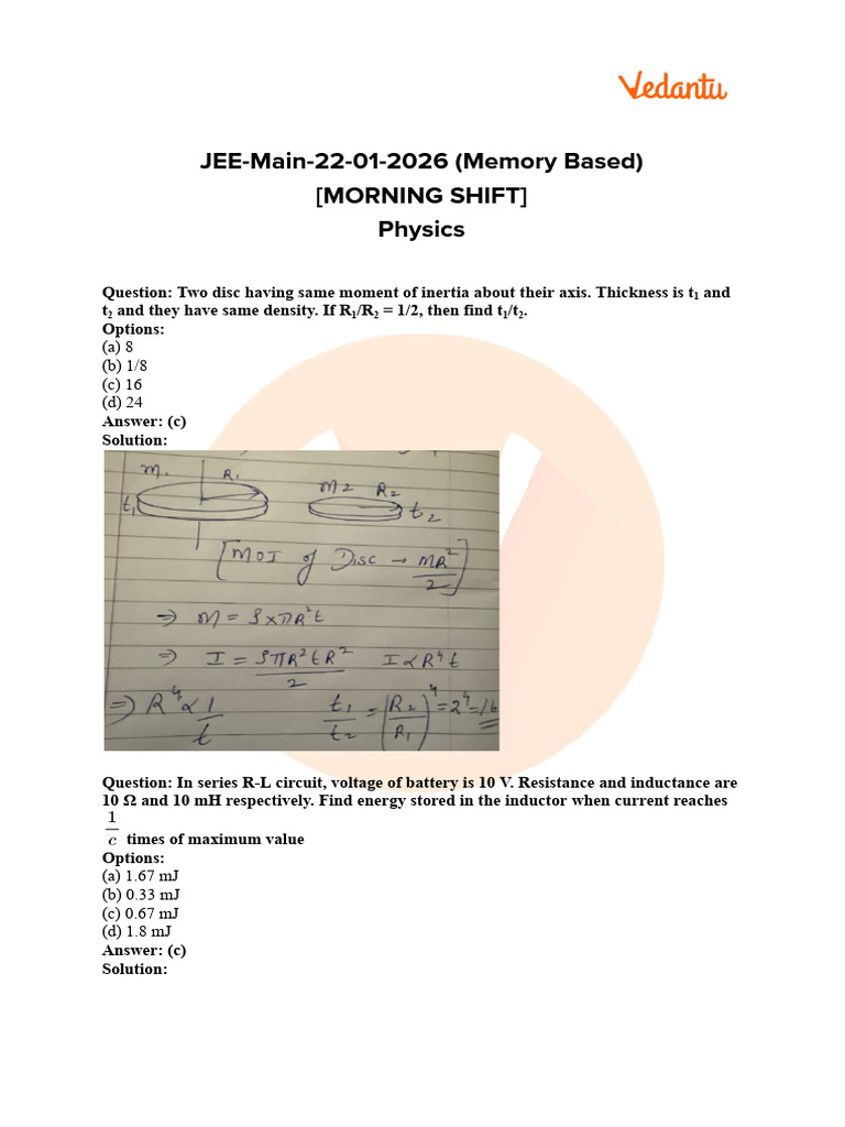 JEE Main 2026 Jan 22 Shift 1 Physics Question Paper & Answer Key PDF ...