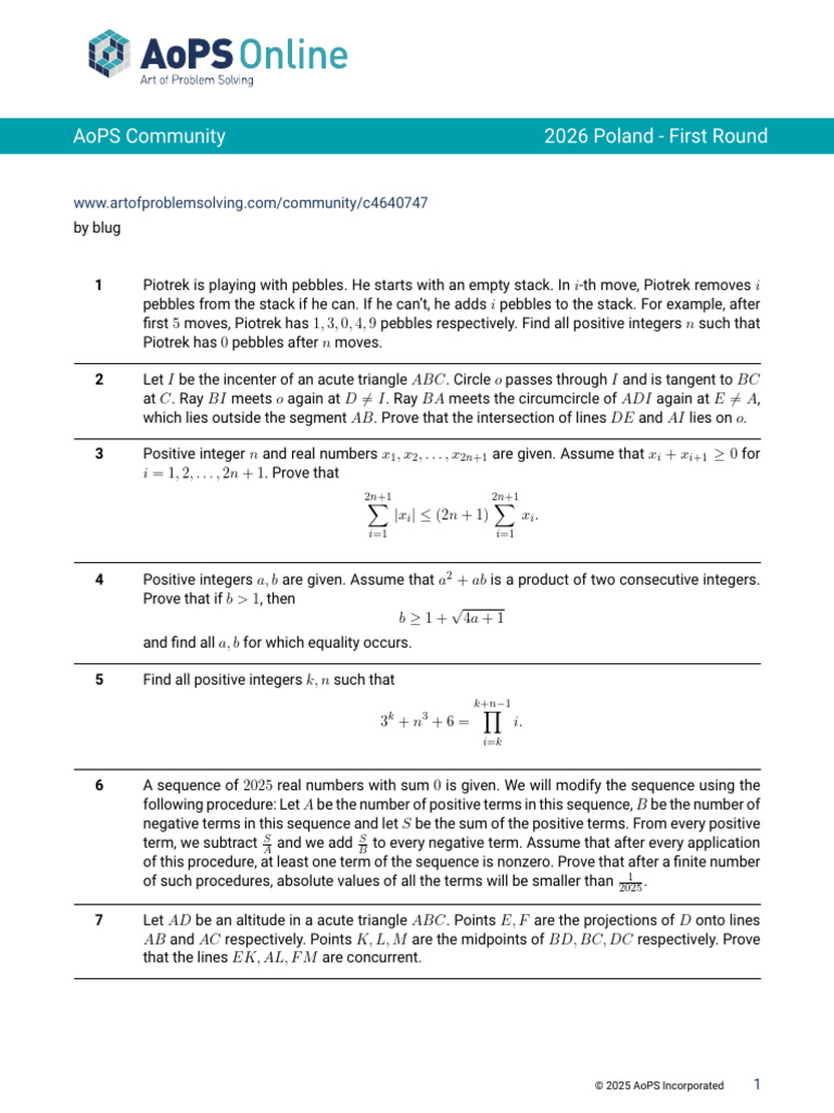 Aops Community 2026 Poland - First Round | PDF | Elementary Geometry ...