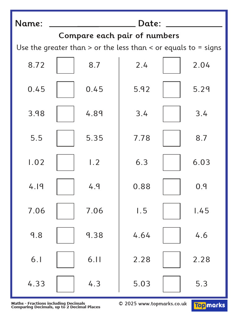 Comparing Decimals Up To 2 Decimal Places | PDF