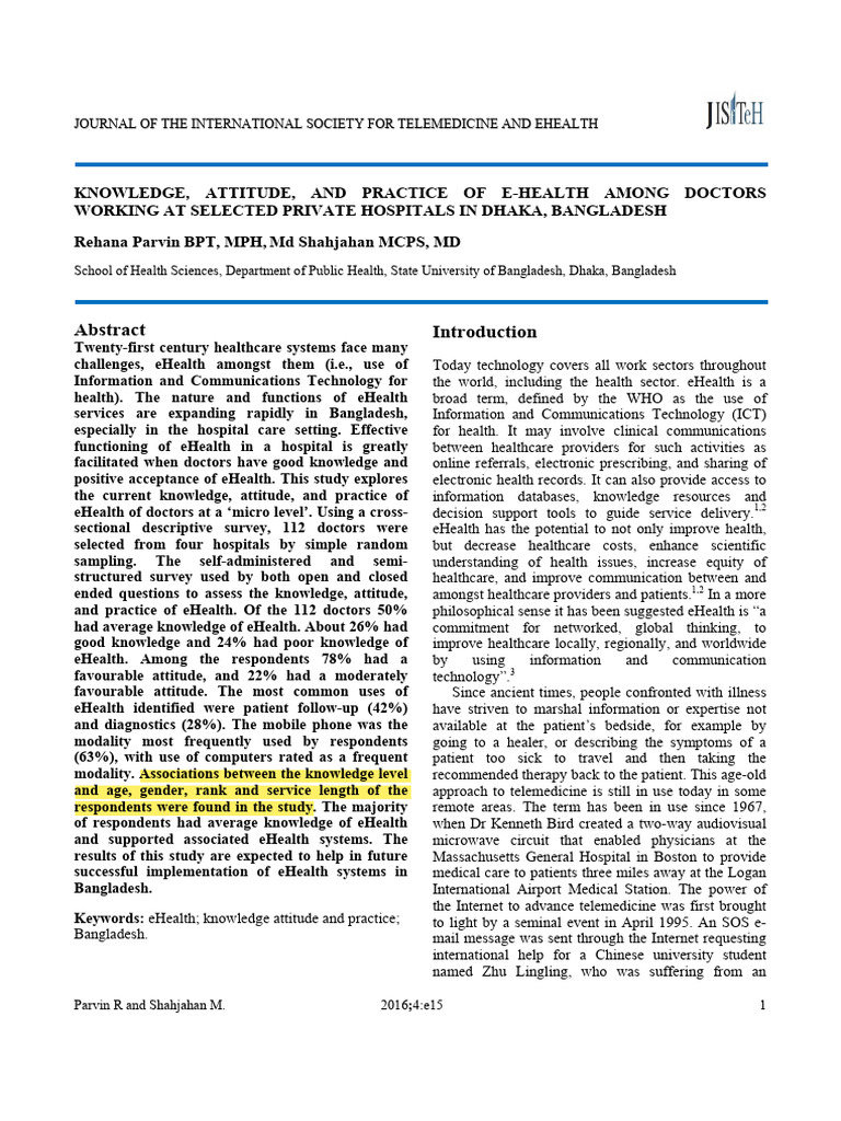 Knowledge, Attitude, And Practice of E-health Among Doctors in Dhaka ...