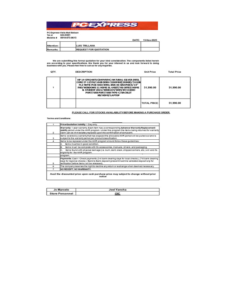 PC Express Bataan Quotation For HP Laptop | PDF | Laptop | Personal ...