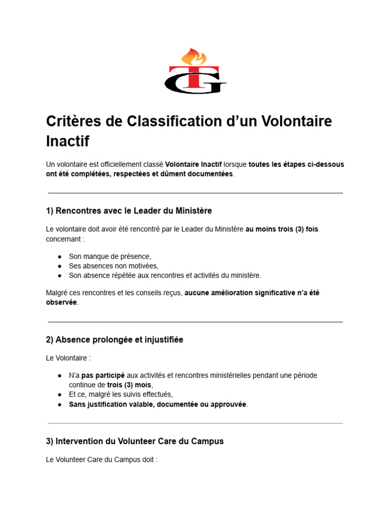 Critères de Classification D'un Volontaire Inactif | PDF