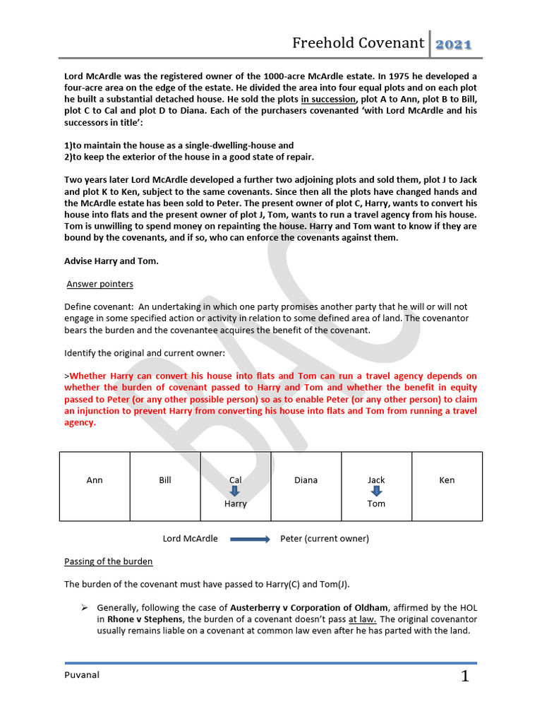 Freehold Covenant - Tutorial 1 | PDF | Covenant (Law) | Justice