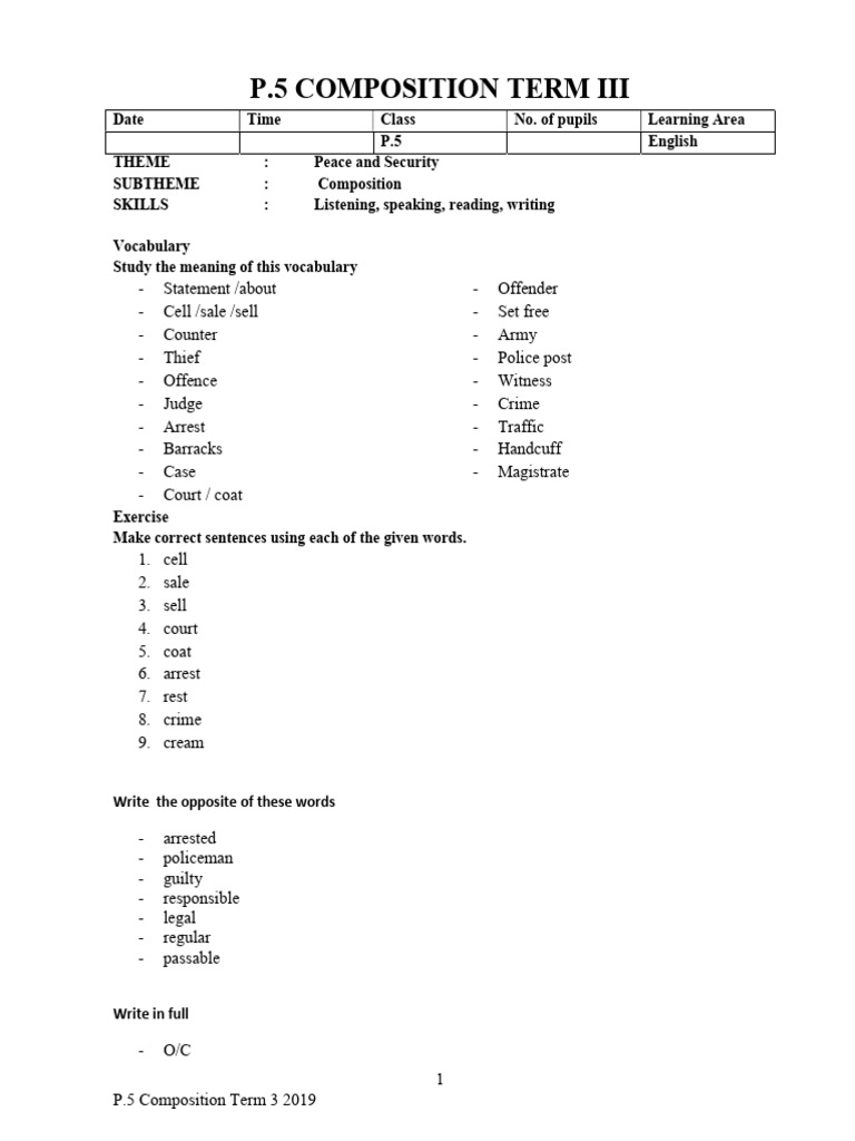p.5 Composition and Comprehension Lesson Notes Term III | PDF | Police ...