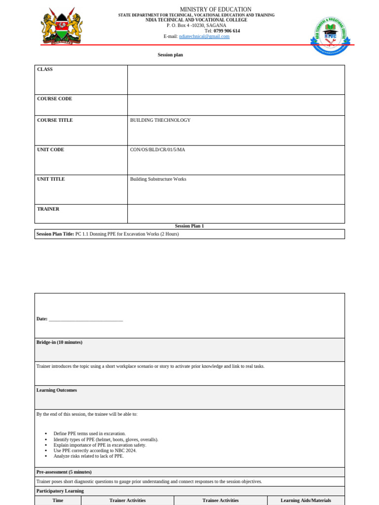 Building Substructure Works Session Plan | PDF | Personal Protective ...