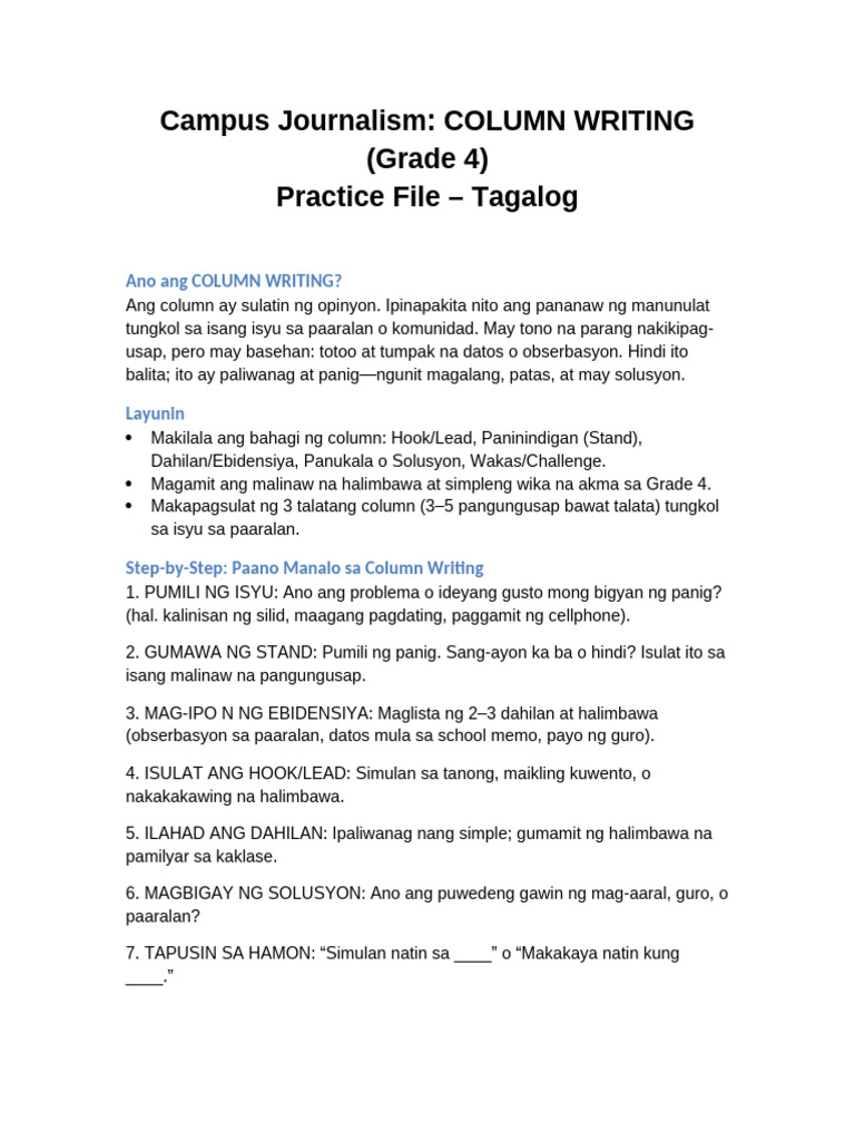 Campus Journalism ColumnWriting Grade4 Tagalog Practice | PDF