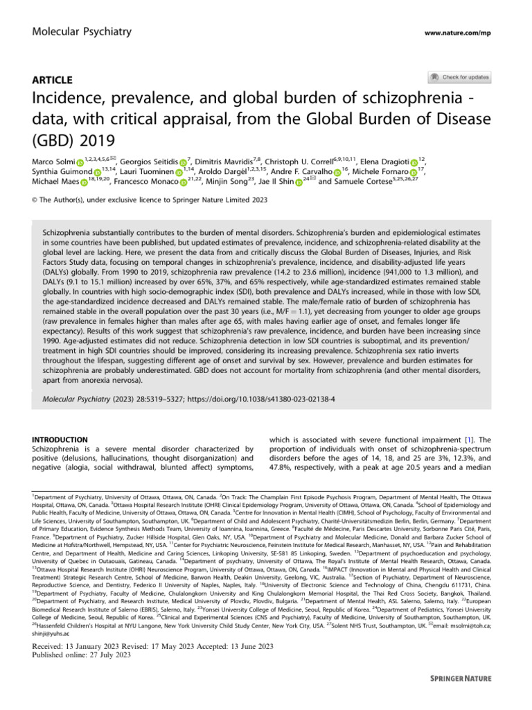 Marco Solmi Incidence Prevalence and Global Burden of | PDF ...